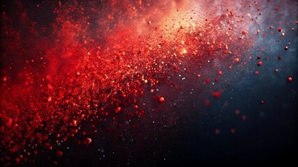 Explosion of red particles and spheres against dark background