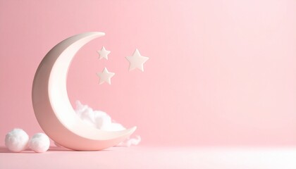Pink Crescent Moon with Stars and Cloud on Pink Background Minimalist Concept