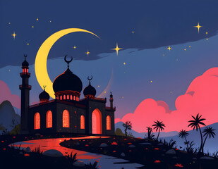 Small mosque with crescent moon background with Eid mubarak concept
