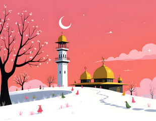 Small mosque with crescent moon background with Eid mubarak concept