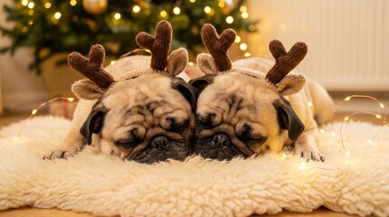 Two Adorable Pugs Dressed as Reindeer for Christmas Celebration.