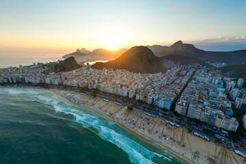 Copacabana Beach in Rio de Janeiro Aerial View on Sunset