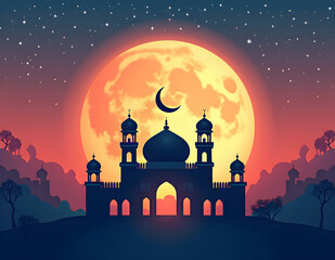 Small mosque with crescent moon background with Eid mubarak concept