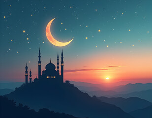 Small mosque with crescent moon background with Eid mubarak concept