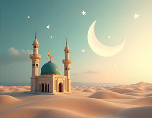Small mosque with crescent moon background with Eid mubarak concept