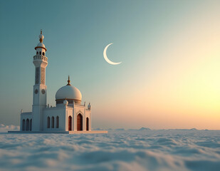 Small mosque with crescent moon background with Eid mubarak concept