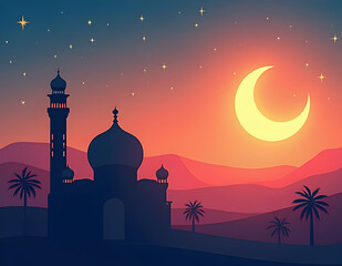 Small mosque with crescent moon background with Eid mubarak concept