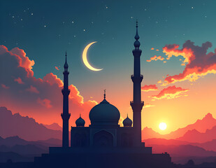 Small mosque with crescent moon background with Eid mubarak concept