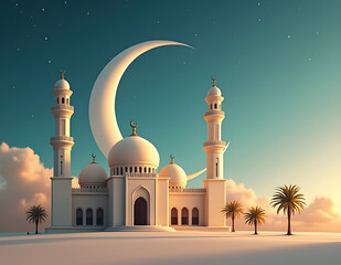 Small mosque with crescent moon background with Eid mubarak concept