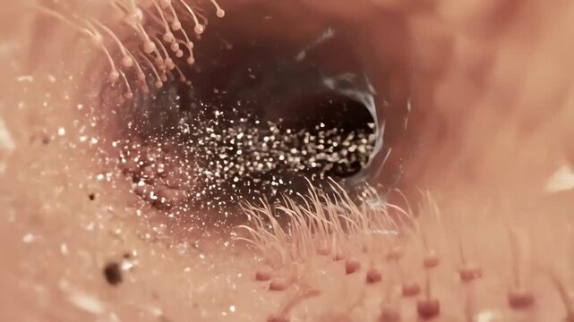 Airflow entering the nasal vestibule, swirling around fine hair follicles that filter larger particles. Moisture droplets cling to the textured surface of the epithelium