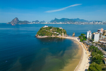 Aerial View of Boa Viagem Private Island in Niteroi City at Guanabara Bay and Rio de Janeiro Mountain Landscape in the Horizon