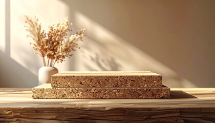 Two Tiered Cork Podium with Dried Flowers in White Vase and Sunlight