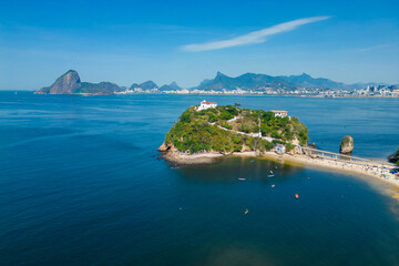 Aerial View of Boa Viagem Private Island in Niteroi City at Guanabara Bay and Rio de Janeiro Mountain Landscape in the Horizon