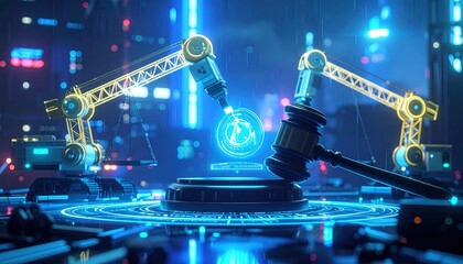 Robotic Arms Constructing Digital Globe Beside Gavel on Glowing Platform in Abstract Cybernetic Environment