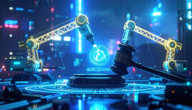 Robotic Arms Constructing Digital Globe Beside Gavel on Glowing Platform in Abstract Cybernetic Environment - Powered by Adobe