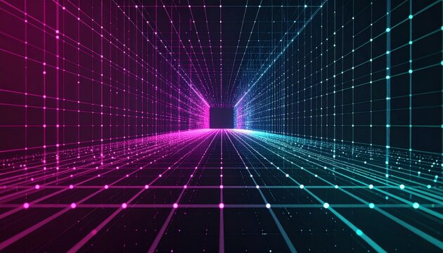 Abstract Pink Blue Futuristic Corridor Grid With Dotted Light Particles - Powered by Adobe