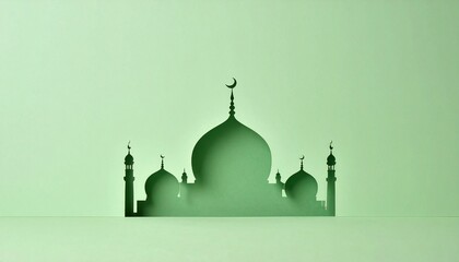 Silhouette Of Mosque Against Green Backdrop Illuminated With Light Creating Shadow