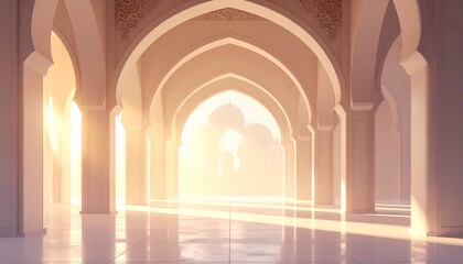 Obraz premium Sunlit Architectural Corridor with Arched Entryways and Intricate Patterns Creating a Sense of Depth and Serenity