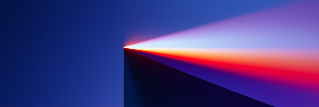 Radiant light bursts from a dark triangular form, fanning into warm gradient hues on deep blue&mdash;minimalist, dramatic, and ideal for tech branding, innovation themes, or conceptual design.
