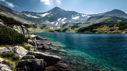 Stunning Alpine Lake Reflects Majestic Snow-Capped Mountains Under a Blue Sky.