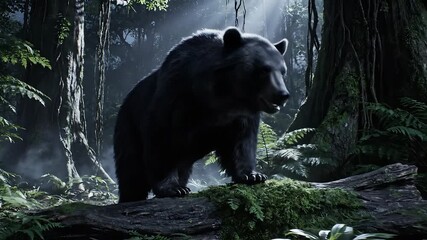 A majestic brown bear a powerful symbol of wilderness walks gracefully through a dense sundappled forest its fur illuminated by ethereal light rays piercing through the lush canopy showcasing the raw.