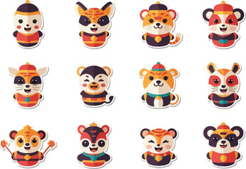 Adorable Cartoon Tigers Set of Vibrant Zodiac Animal Stickers