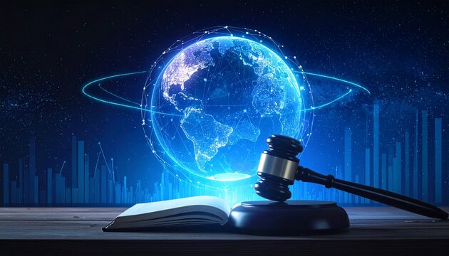Wooden Gavel And Open Book On Table Against Digital World Globe And Bar Chart Background