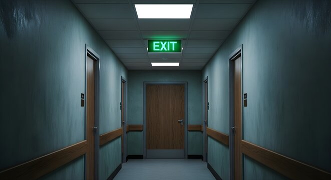 Exit Sign Glowing in a Dark Hallway, Leading to Safety and Freedom
