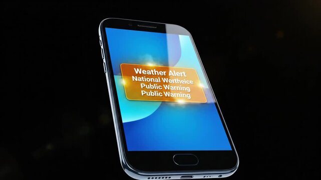 Sleek smartphone displaying a weather alert with blue background against a dark background, illuminated by a warm light