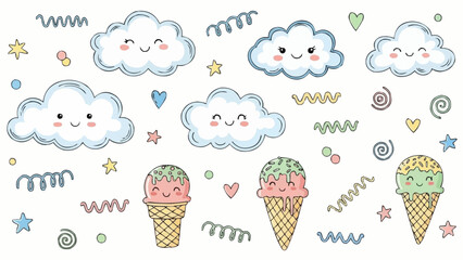 Cute Kawaii Clouds and Ice Cream Cones with Happy Faces.