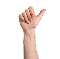 Obraz premium Man showing thumbs up on white background, closeup