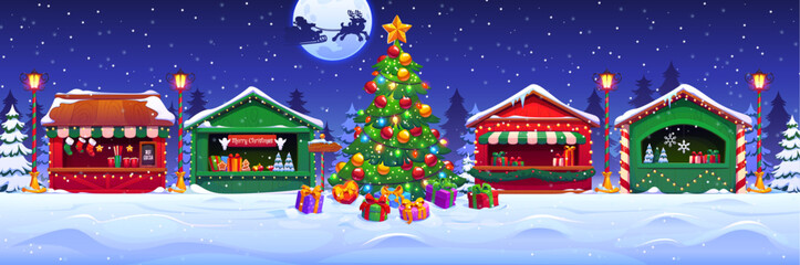 Winter Christmas market shops and stalls, Xmas fair bazaar with festive street lights. Cartoon vector winter card shows Santa Claus flying in sleigh with reindeer above holiday market