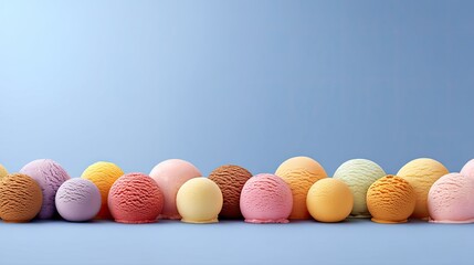 Fototapeta premium Colorful Assortment of Ice Cream Scoops on Soft Blue Background, Perfect for Summer Dessert Ideas and Culinary Inspiration for Food Photography
