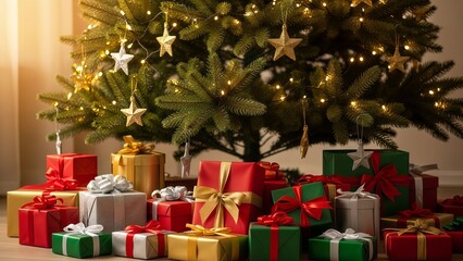 Christmas atmosphere with various gifts against a background of a fir tree decorated with lights and accessories