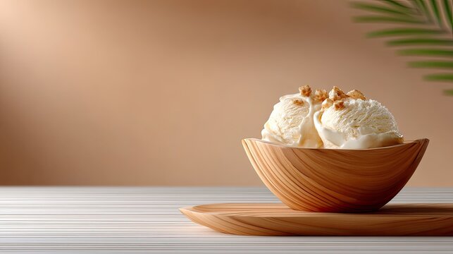 Creamy vanilla ice cream scoops served in a wooden bowl with nuts on top placed against a warm background, perfect for dessert inspiration and food photography