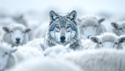 Obraz premium Wolf Disguised as a Sheep Among the Flock, Surreal Concept of Deception, Disguise, and Hidden Threat