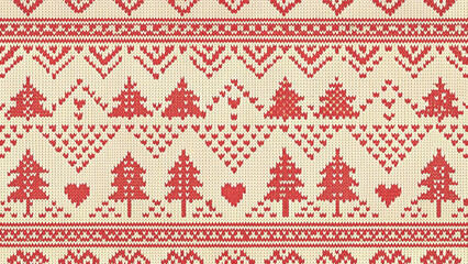 nordic fair isle seamless pattern with pixel-style christmas trees and hearts vector background 