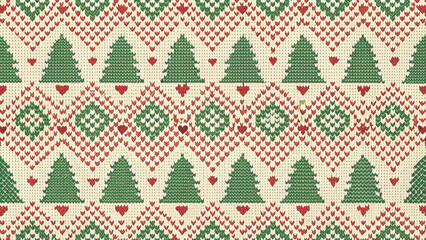 nordic fair isle seamless pattern with pixel-style christmas trees and hearts vector background 