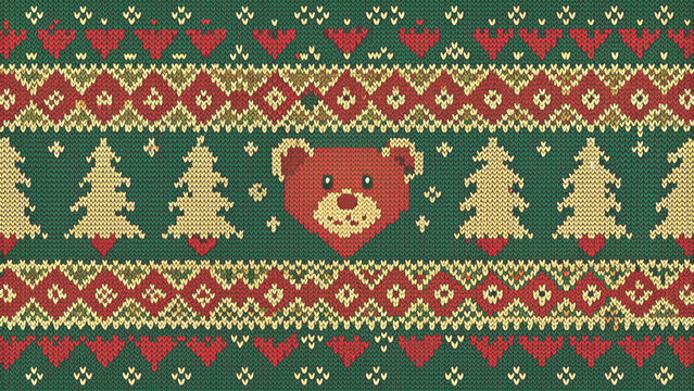 nordic fair isle seamless pattern with pixel-style christmas trees and hearts vector background 