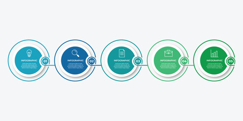 Vector circle flowchart label design for business process. Timeline connected with 5 steps or options.