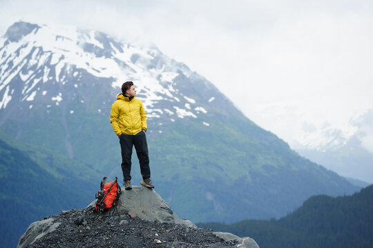 Man enjoys hiking adventure trip in Denali national Park
