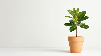 Fototapeta premium Green indoor plant in terracotta pot against minimalistic background, showcasing natural beauty and tranquility in home decor and interior design styles