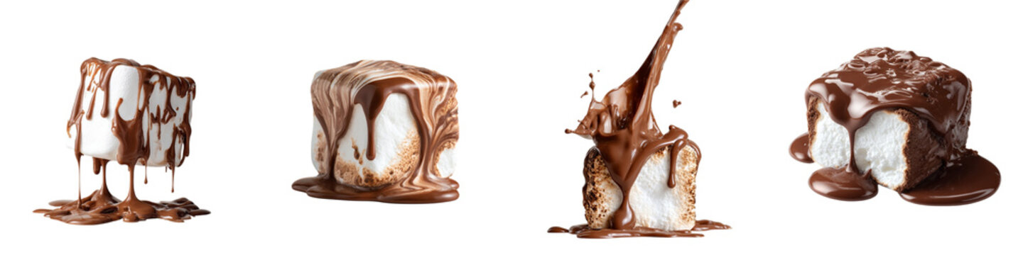 Four marshmallows with chocolate sauce splashing and dripping