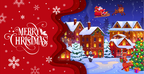 Paper cut Christmas greeting card with funny animal characters, winter holiday town and flying Santa on sleigh. Cartoon 3d vector papercut layered frame with Father noel rides deer sled in night sky © Seavector