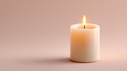 Realistic White Candle with Flickering Flame on Soft Pink Background for Cozy Atmosphere and Relaxation in Home Decor and Wellness Settings