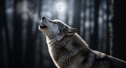 Fototapeta premium Wolf howling at the full moon in a forest at night