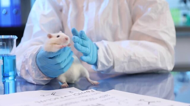Scientist giving injection to rat at table in laboratory, closeup