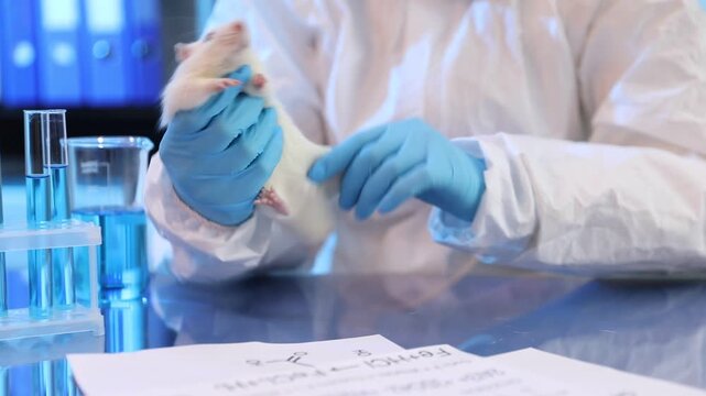 Scientist giving injection to rat at table in laboratory, closeup. Camera moving left
