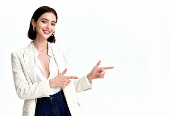 beautiful asian woman present on white isolate background