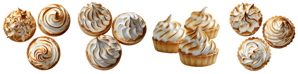 Assorted meringue tarts with golden brown swirled topping on transperent&nbsp;background